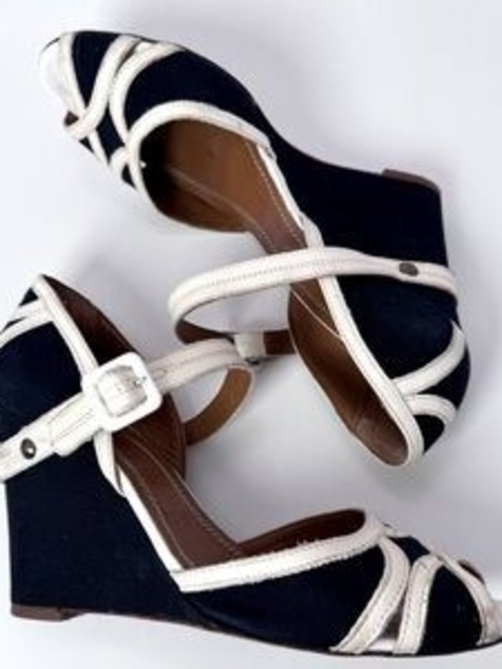 Miss Sixty Navy and White Peep-Toe Wedge Sandals